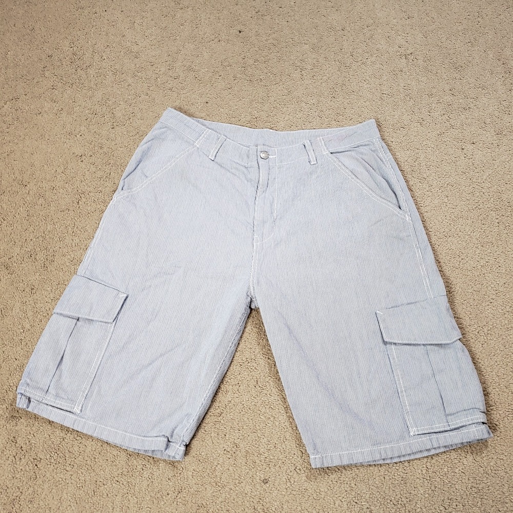 Levi's Shorts Men 34 Blue White Stripe Seersucker Cargo Casual Skate Walk Preppy